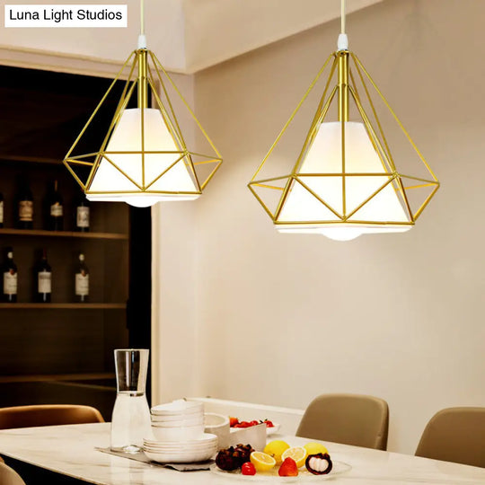 Nordic Metal Pendant Ceiling Light - Gold Cage Frame Design With 1 Bulb Ideal For Dining Room