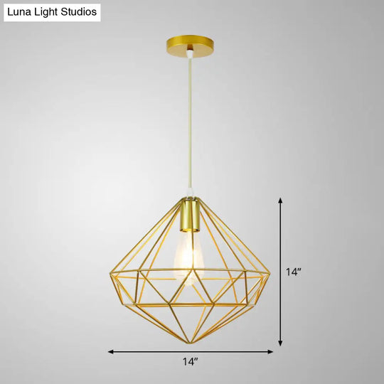 Nordic Metal Pendant Ceiling Light - Gold Cage Frame Design With 1 Bulb Ideal For Dining Room