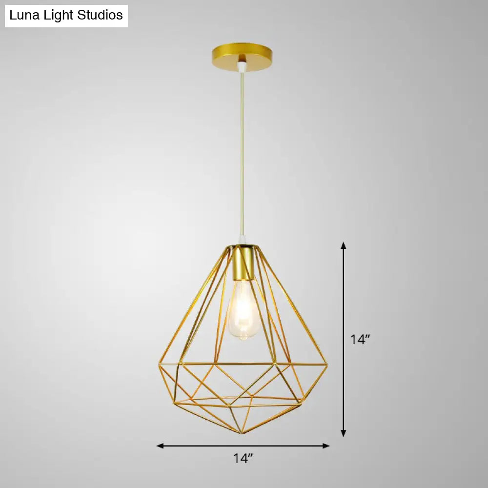 Nordic Metal Pendant Ceiling Light - Gold Cage Frame Design With 1 Bulb Ideal For Dining Room