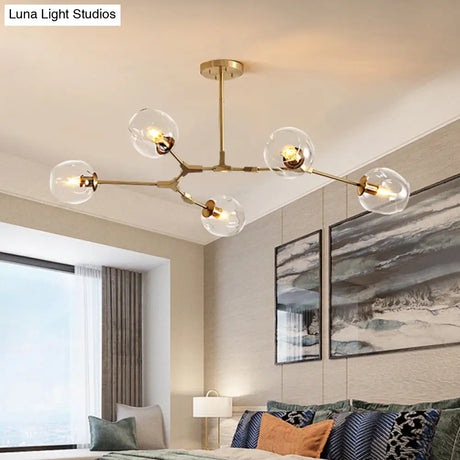 Gold Metal Chandelier With Clear Glass Shade - Post-Modern Suspension Light For Bedroom
