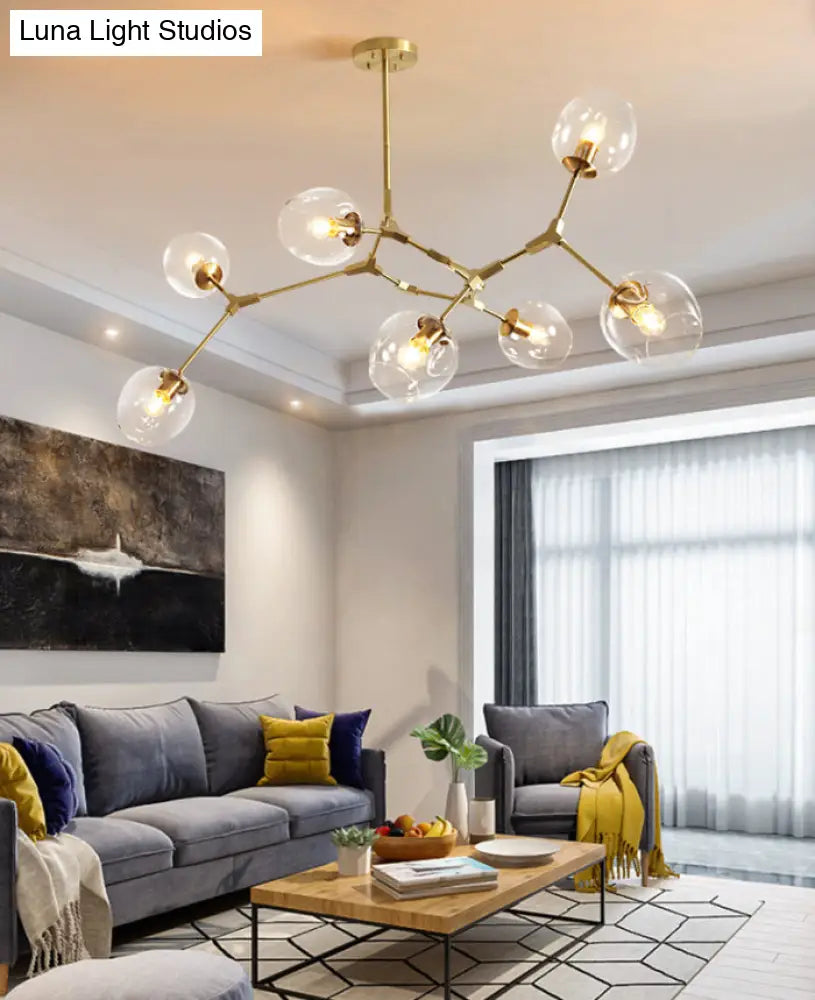 Gold Metal Chandelier With Clear Glass Shade - Post-Modern Suspension Light For Bedroom