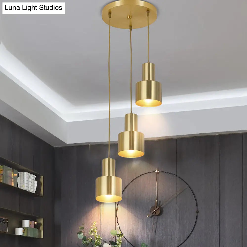 Gold Metal Colonial 3-Light Kitchen Pendant Cluster Lamp With Linear/Round Canopy / Round