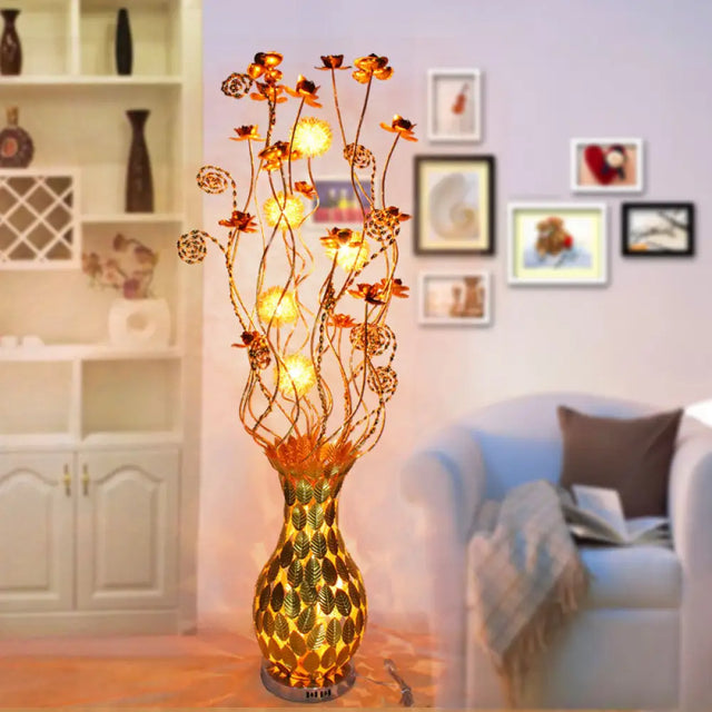 Gold Metal Curvy Urn Shape Bedside Lamp With Floral Design Led Floor Lighting