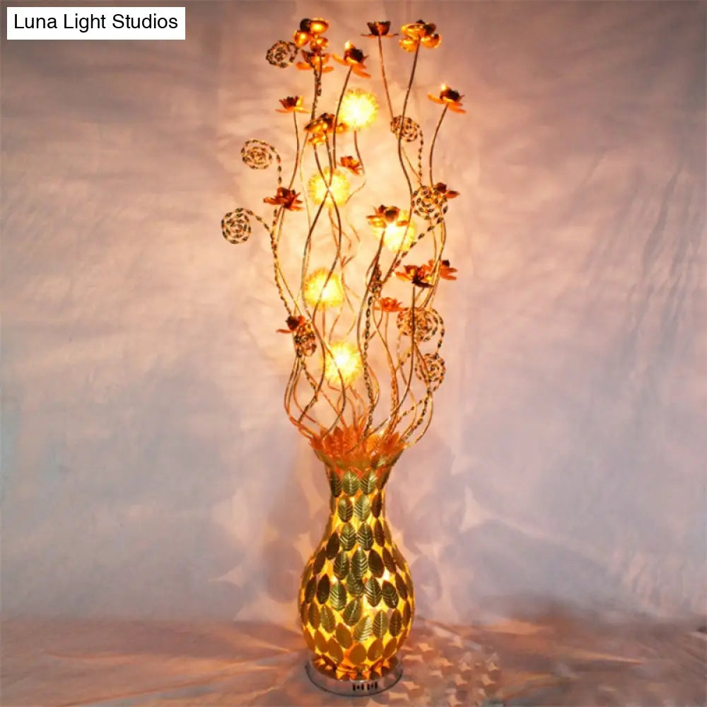 Gold Metal Curvy Urn Shape Bedside Lamp With Floral Design Led Floor Lighting