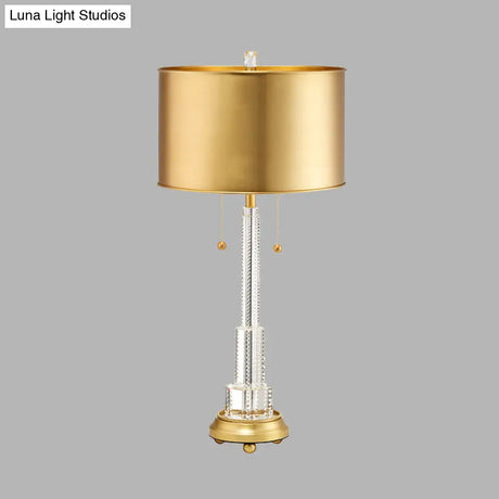 Gold Metal Drum Shade Crystal Table Lamp - Modern Single Bulb Night Light For Bedrooms
