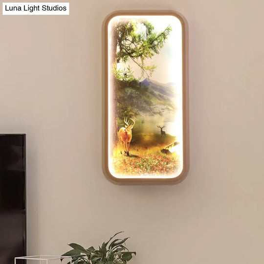 Gold Metal Led Wall Mount Lamp: Minimalist Rectangle With Forest And Deer Pattern