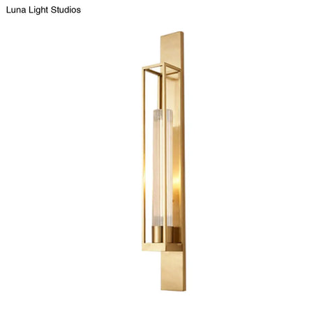 Gold Metal Linear Sconce Lighting With Ribbed Glass Shade - Modern Corner Wall Mount Lamp