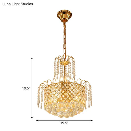 Gold Metal Shade Chandelier With Crystal Balls And Strands Elegant Drum Pendant