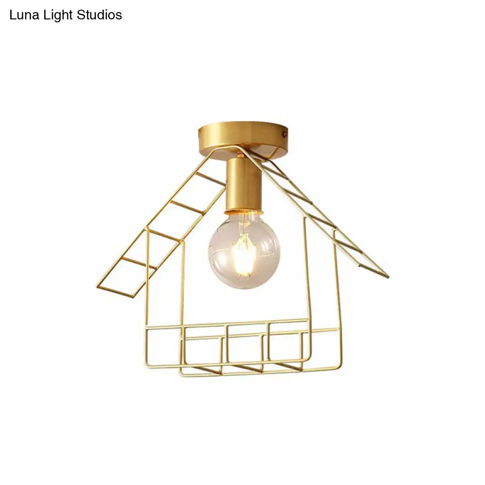 Gold Metallic House Shaped Semi Flush Light - Simplicity Ceiling Fixture For Corridors
