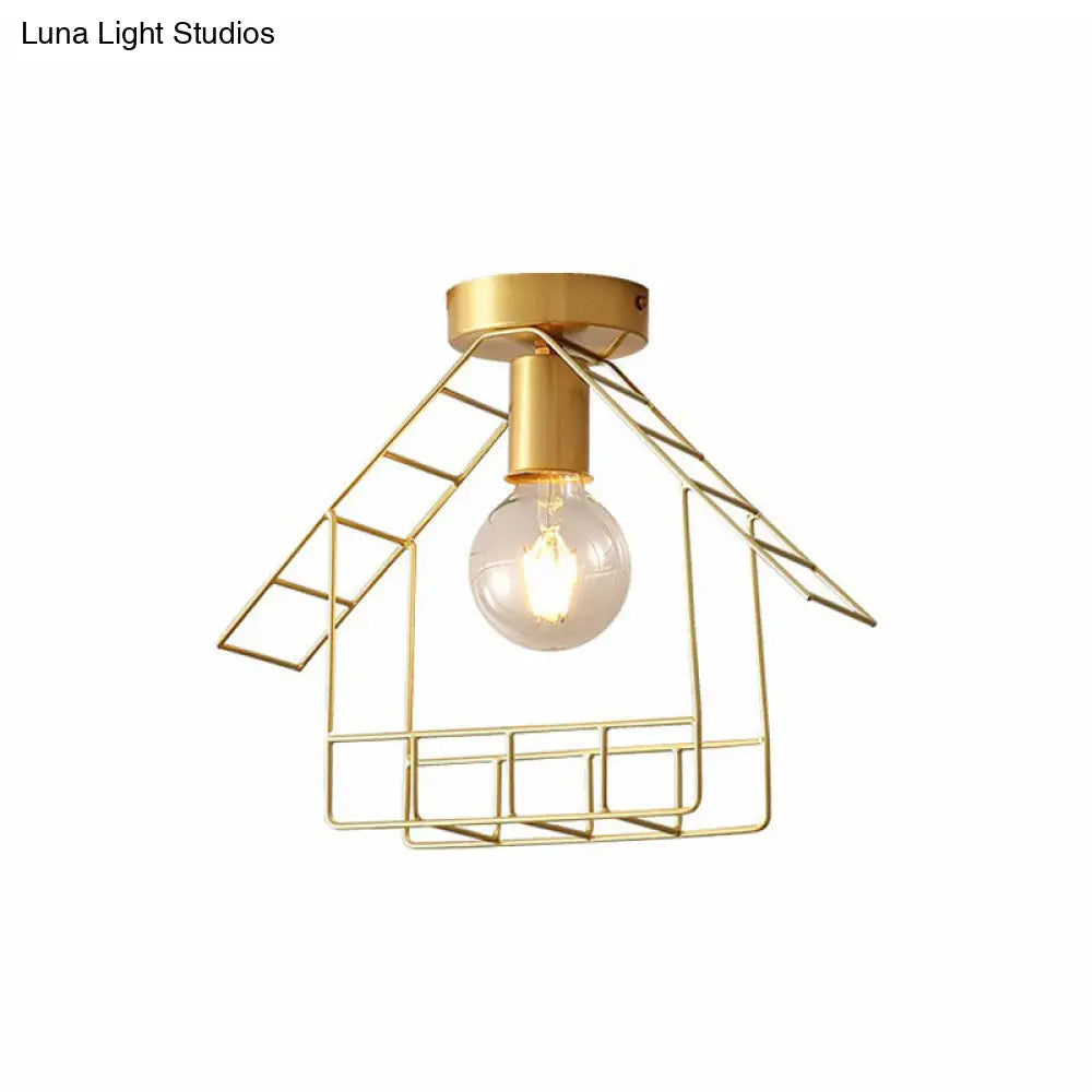 Gold Metallic House Shaped Semi Flush Light - Simplicity Ceiling Fixture For Corridors