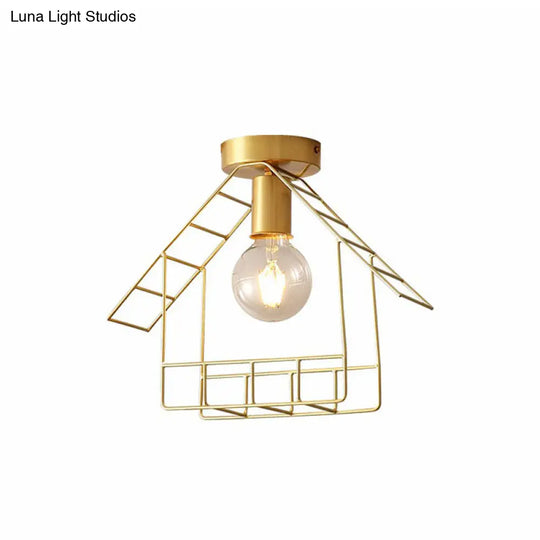 Gold Metallic House Shaped Semi Flush Light - Simplicity Ceiling Fixture For Corridors