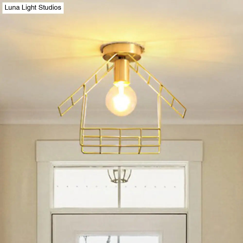 Gold Metallic House Shaped Semi Flush Light - Simplicity Ceiling Fixture For Corridors