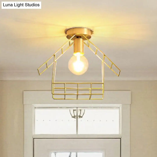 Gold Metallic House Shaped Semi Flush Light - Simplicity Ceiling Fixture For Corridors
