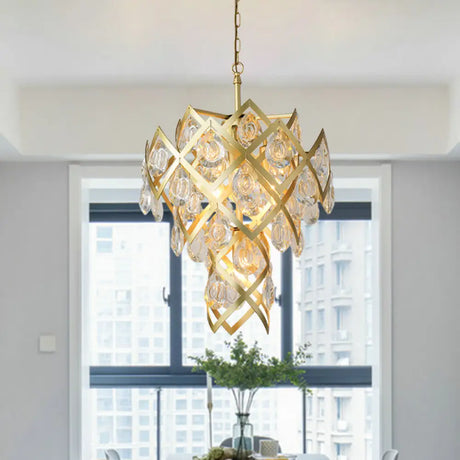 Gold Mid Century Crisscross Chandelier With 4 Faceted Crystal Pendant Lights