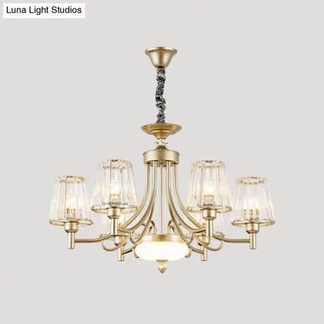 Gold Minimalist Cone Pendant Light With Clear Crystal Blocks - 3/6 Bulbs Perfect For Bedroom