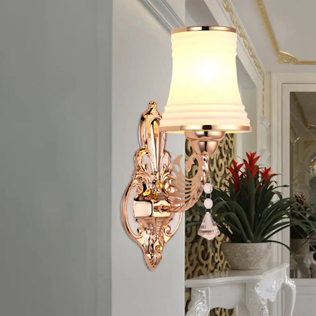 Gold Opal Glass Tapered Bell Wall Sconce - Modern 1 Head Bedroom Surface Lighting