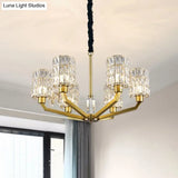 Gold Pendant Chandelier With Crystal Cylinder Shade - Modern Bedroom Lighting Fixture (6 Heads)