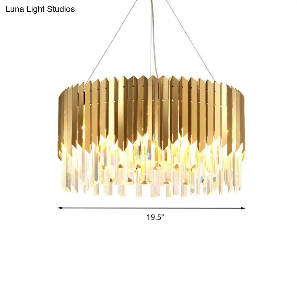 Gold Pendant Chandelier With Tri-Sided Crystal Rod Drum - Postmodern Design 6 Heads Hanging Light