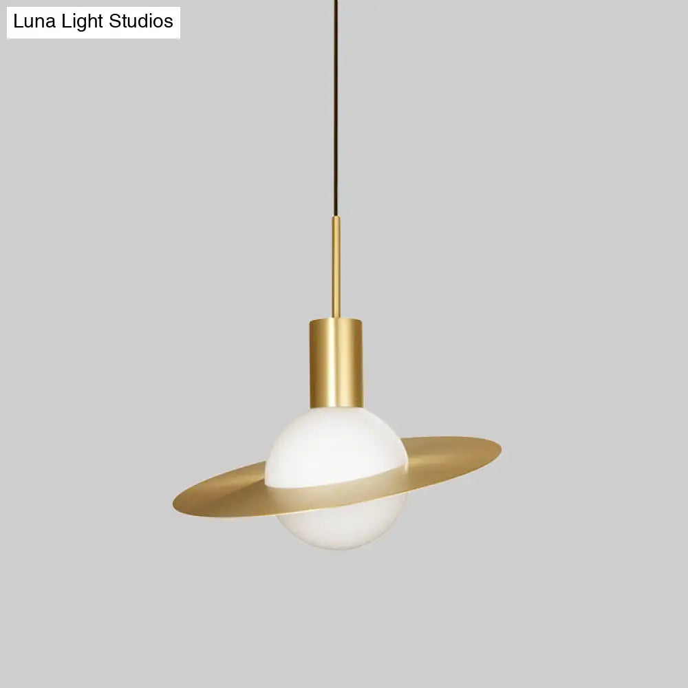 Gold Planetoid Hanging Light - Postmodern Opaline Glass Pendant For Table