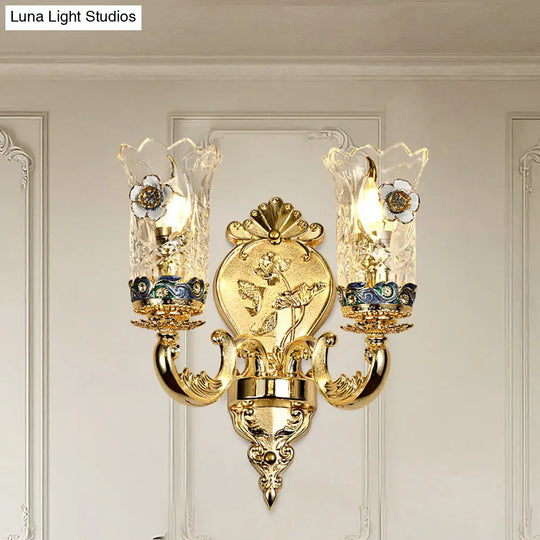Gold Plated Floral Glass Wall Mount Sconce: Antique Carved Lamp For Foyer