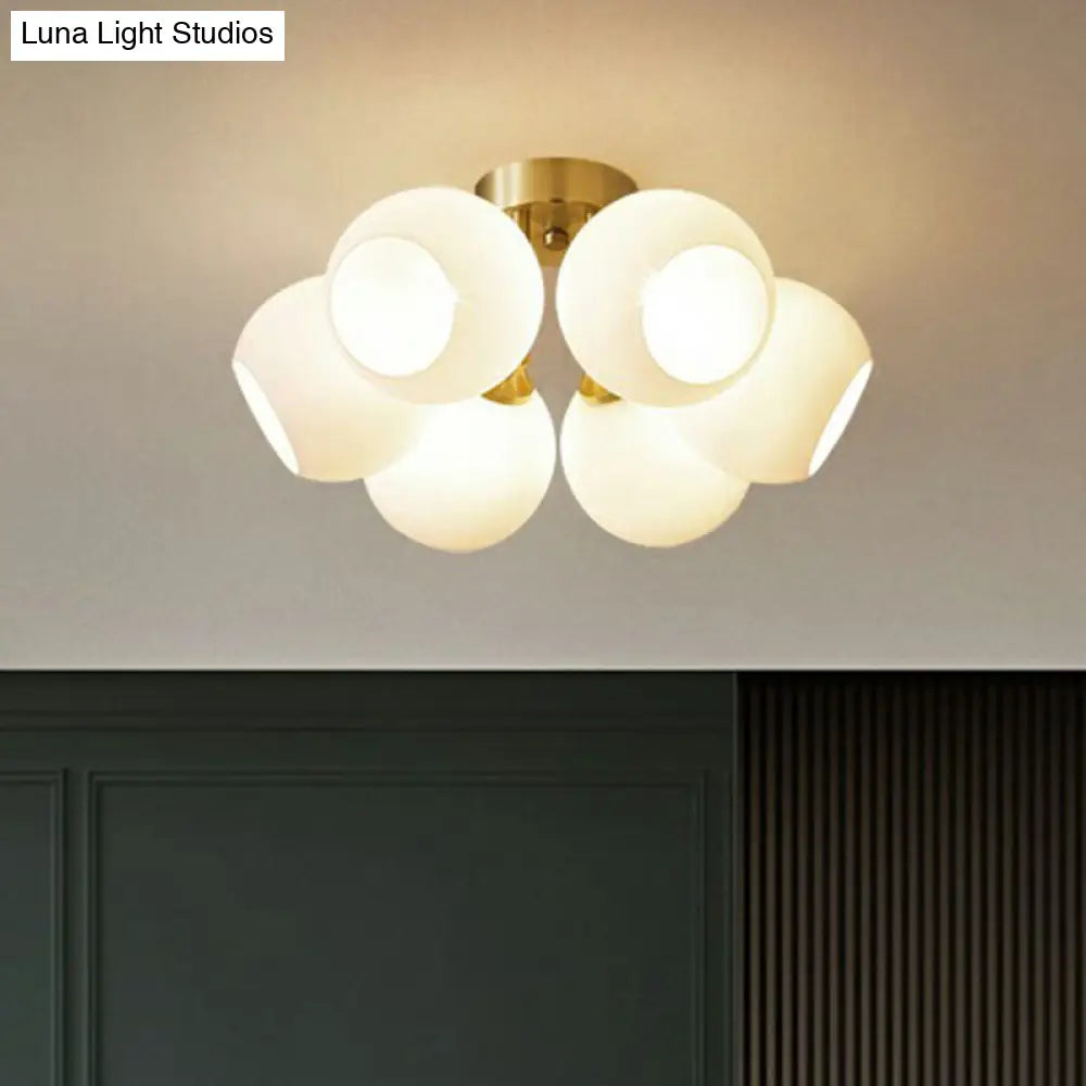 Gold Plated Semi-Flush Ceiling Light With Milky Glass Dome For Bedroom