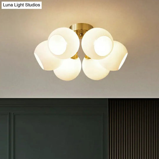 Gold Plated Semi-Flush Ceiling Light With Milky Glass Dome For Bedroom