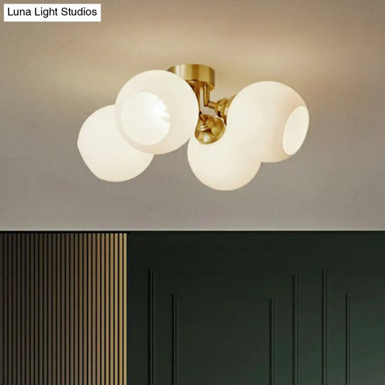Gold Plated Semi - Flush Ceiling Light With Milky Glass Dome For Bedroom
