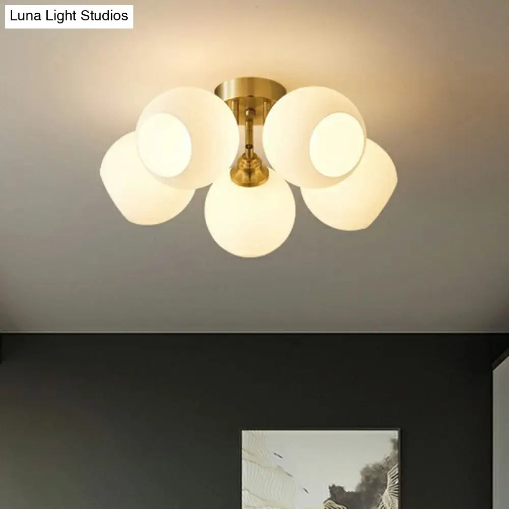 Gold Plated Semi - Flush Ceiling Light With Milky Glass Dome For Bedroom
