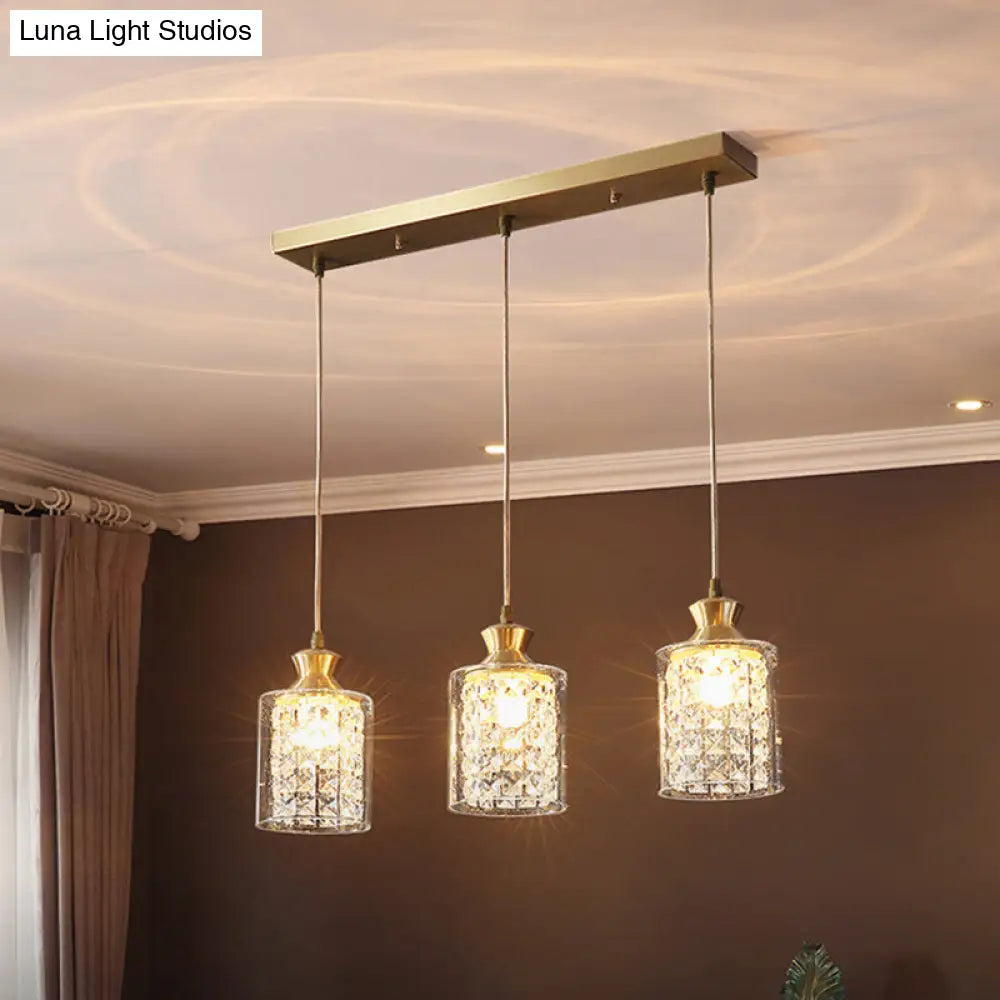 Gold Crystal Pendant Light - Postmodern Shaded Suspension 3 Heads Dining Room / Cylinder