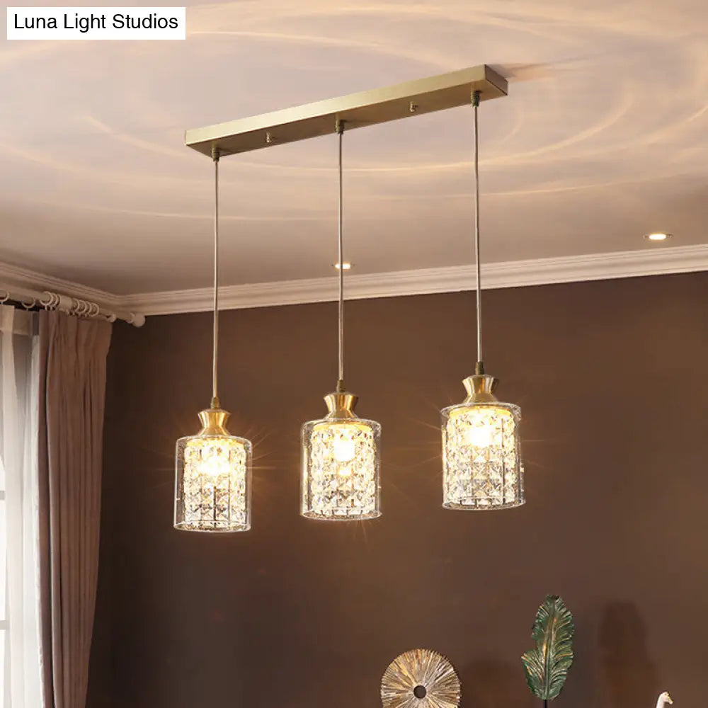 Gold Crystal Pendant Light - Postmodern Shaded Suspension 3 Heads Dining Room