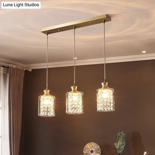 Gold Crystal Pendant Light - Postmodern Shaded Suspension 3 Heads Dining Room