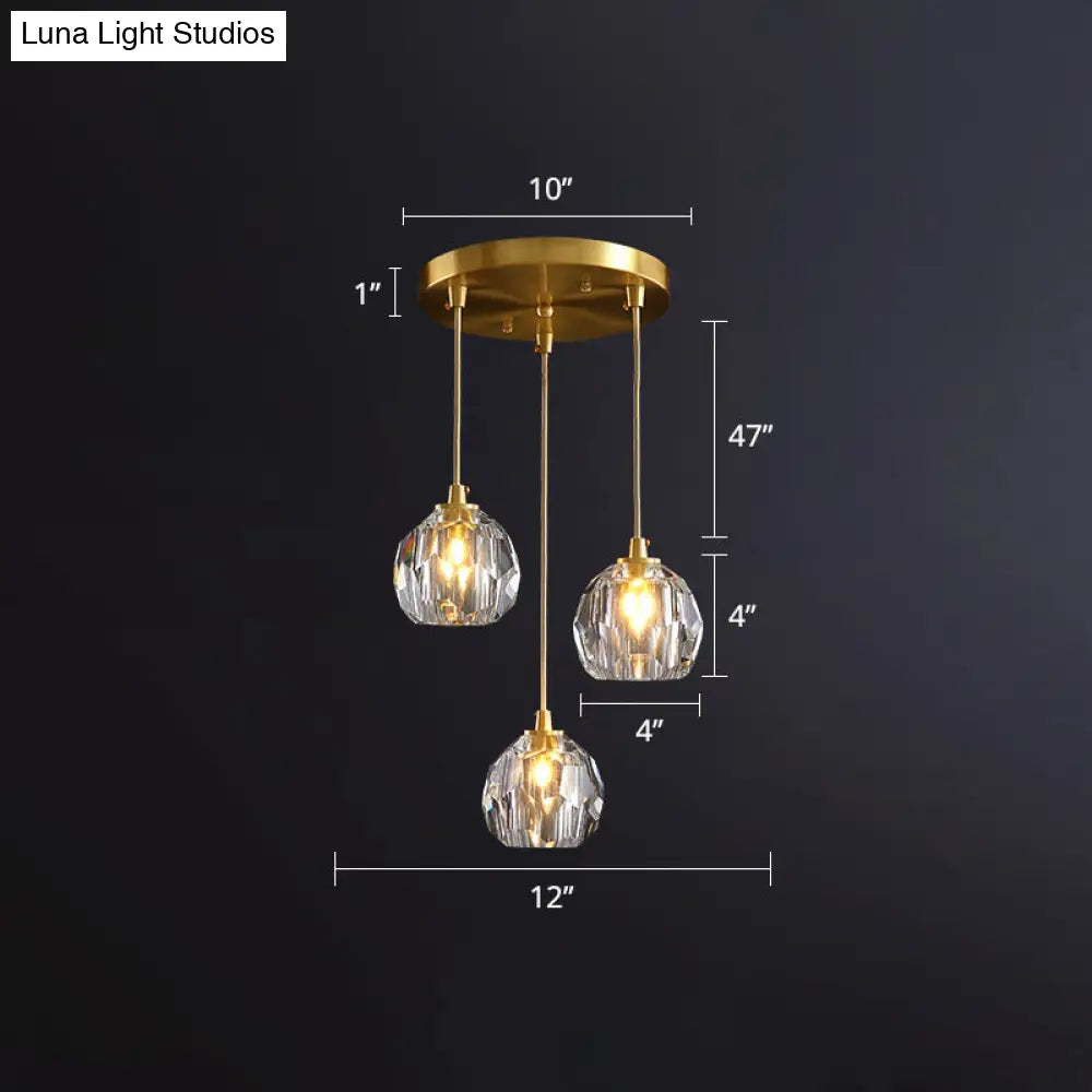 Gold Crystal Pendant Light - Postmodern Shaded Suspension 3 Heads Dining Room