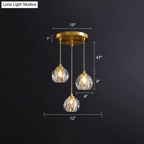 Gold Postmodern Crystal Pendant Light With 3 Shaded Heads For Dining Room Suspension