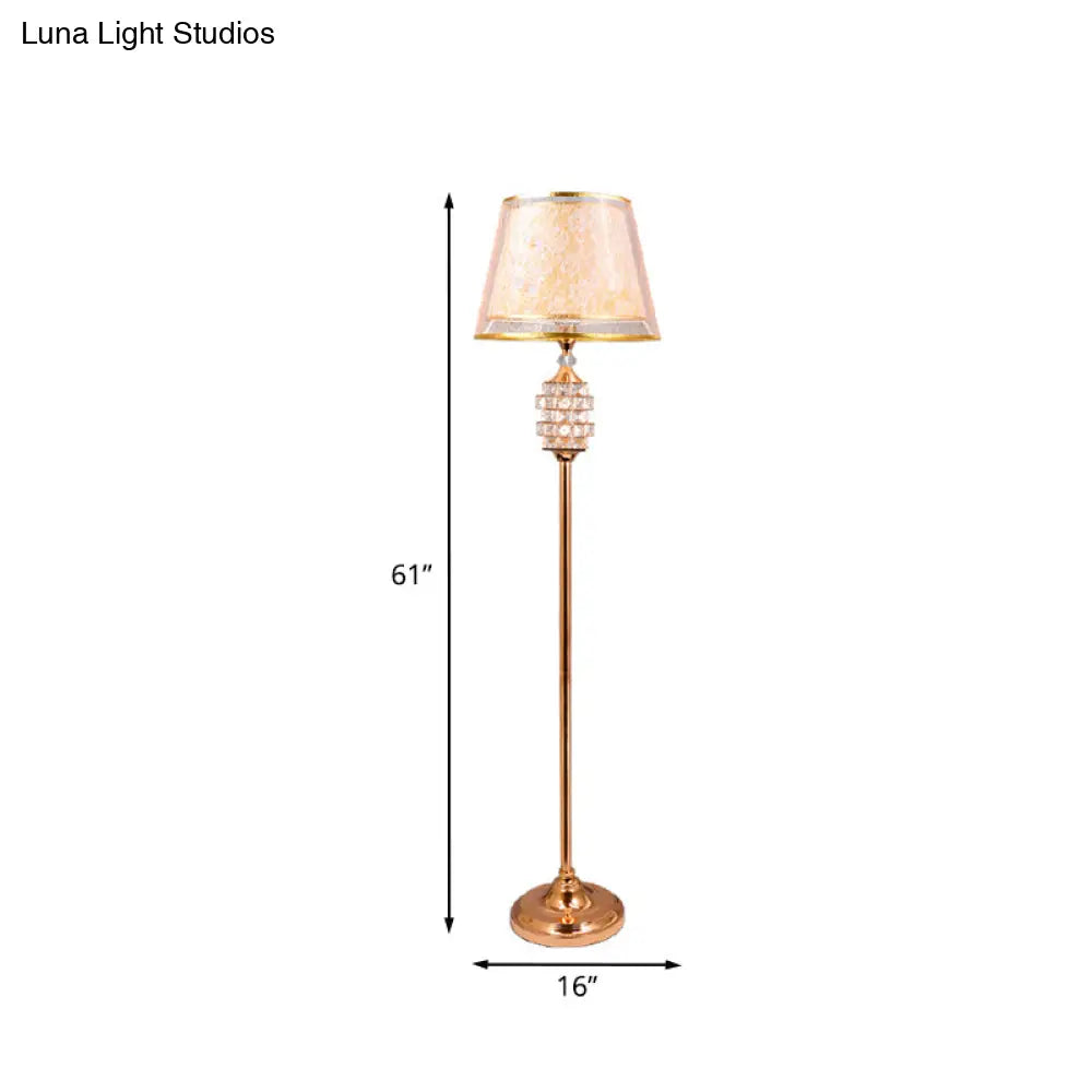 Gold Print Fabric Floor Lamp With Tapered Shade And Crystal Accents
