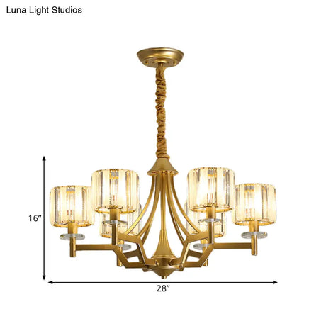 Gold Prismatic Crystal Cylinder Chandelier Lamp With 3/6 Bulbs - Postmodern Hanging Light