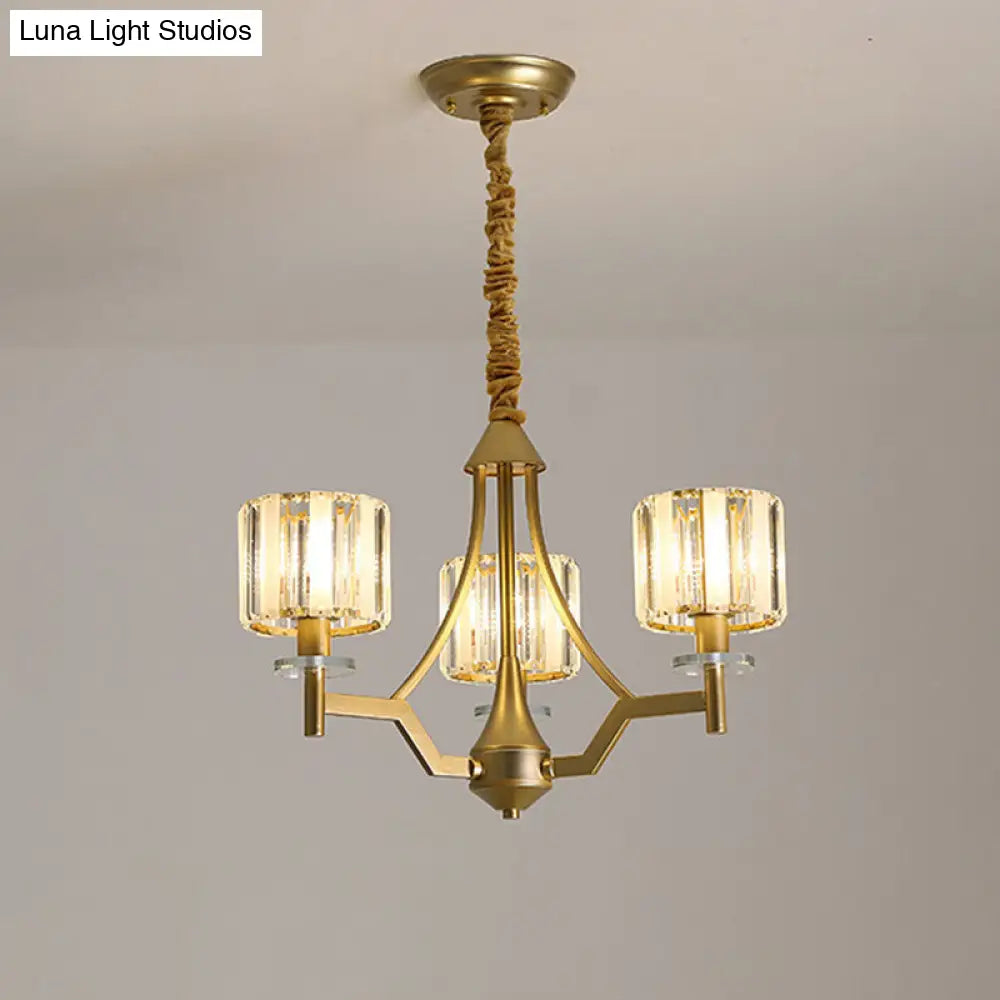 Modern Gold Cylinder Chandelier Lamp: Prismatic Crystal Hanging Light (3/6 Bulbs)