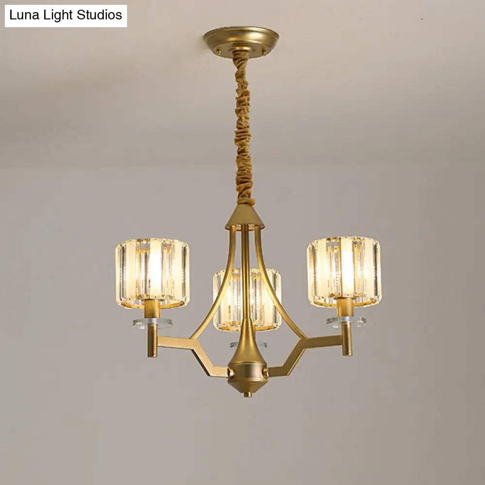 Gold Prismatic Crystal Cylinder Chandelier Lamp With 3/6 Bulbs - Postmodern Hanging Light