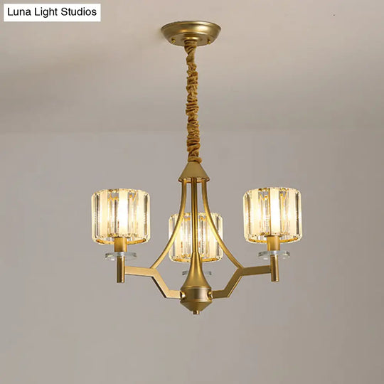 Gold Prismatic Crystal Cylinder Chandelier Lamp With 3/6 Bulbs - Postmodern Hanging Light