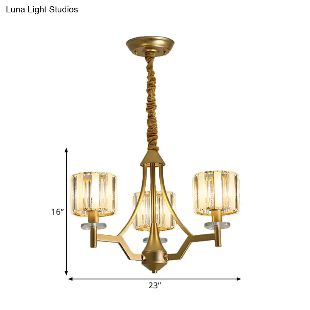 Gold Prismatic Crystal Cylinder Chandelier Lamp With 3/6 Bulbs - Postmodern Hanging Light