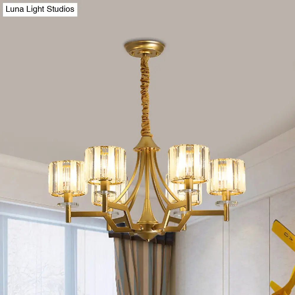 Modern Gold Cylinder Chandelier Lamp: Prismatic Crystal Hanging Light (3/6 Bulbs)