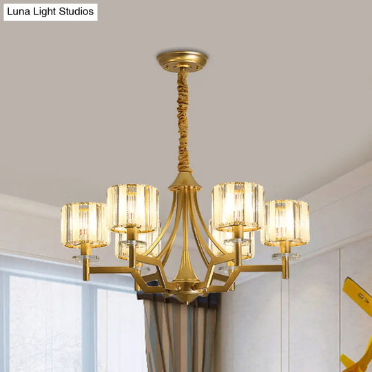 Modern Gold Cylinder Chandelier Lamp: Prismatic Crystal Hanging Light (3/6 Bulbs)
