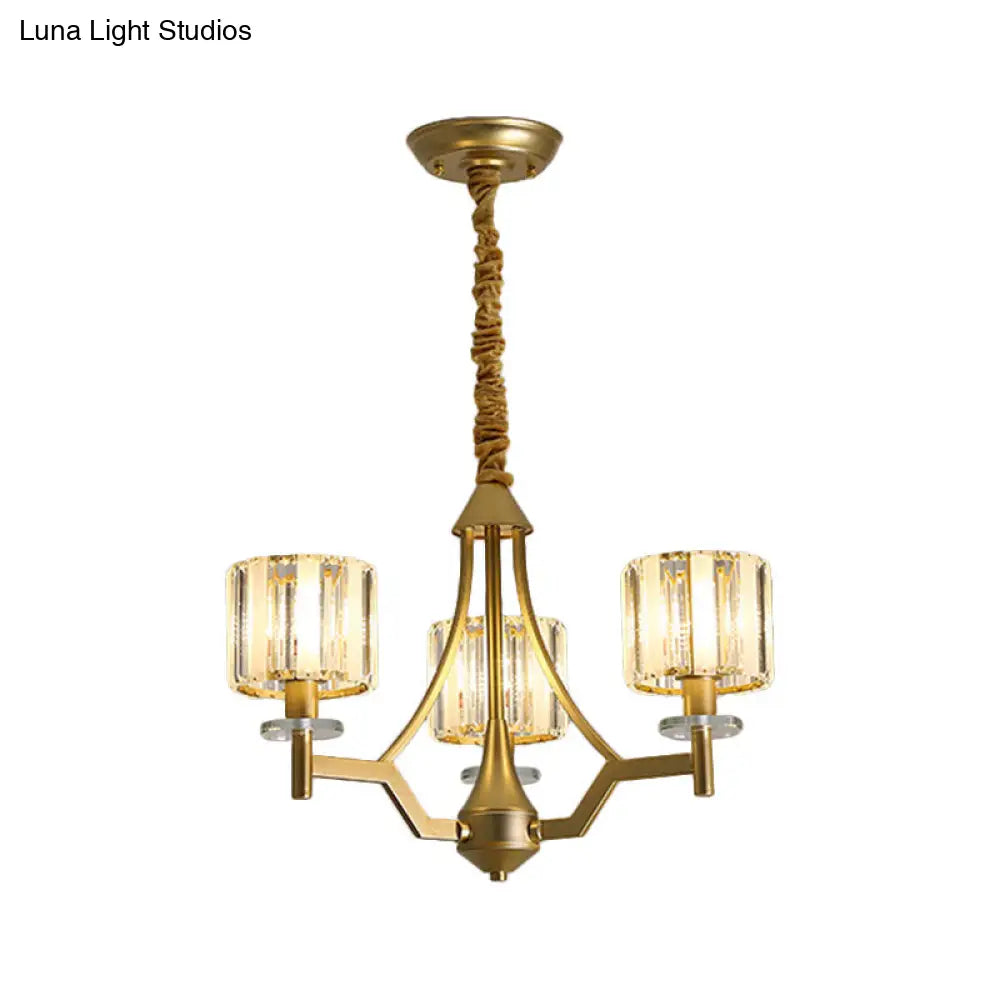 Modern Gold Cylinder Chandelier Lamp: Prismatic Crystal Hanging Light (3/6 Bulbs)
