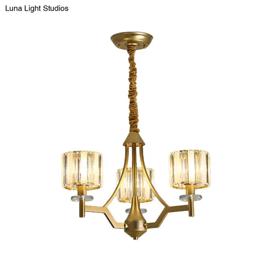 Modern Gold Cylinder Chandelier Lamp: Prismatic Crystal Hanging Light (3/6 Bulbs)