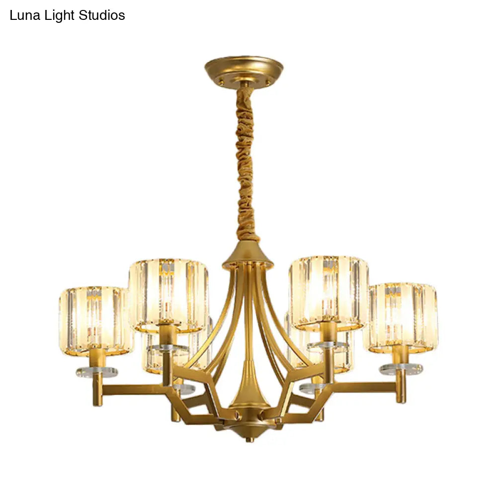 Modern Gold Cylinder Chandelier Lamp: Prismatic Crystal Hanging Light (3/6 Bulbs)