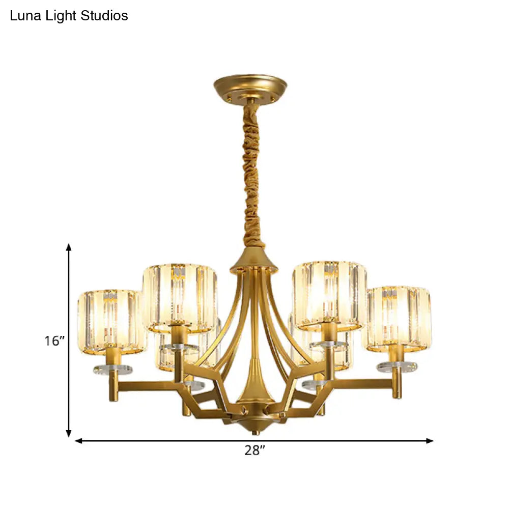 Modern Gold Cylinder Chandelier Lamp: Prismatic Crystal Hanging Light (3/6 Bulbs)