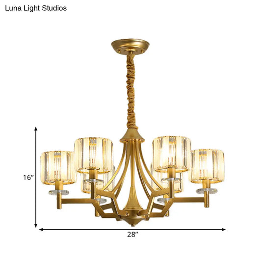 Modern Gold Cylinder Chandelier Lamp: Prismatic Crystal Hanging Light (3/6 Bulbs)
