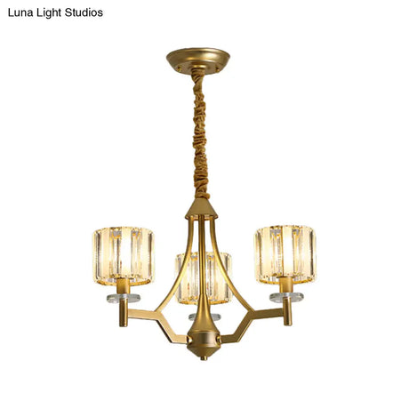 Gold Prismatic Crystal Cylinder Chandelier Lamp With 3/6 Bulbs - Postmodern Hanging Light