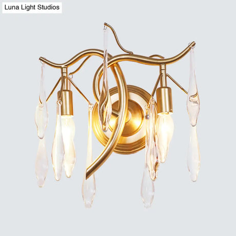 Gold Raindrop Wall Mount With Crystal Drop Shade - Retro 2-Head Lighting Solution