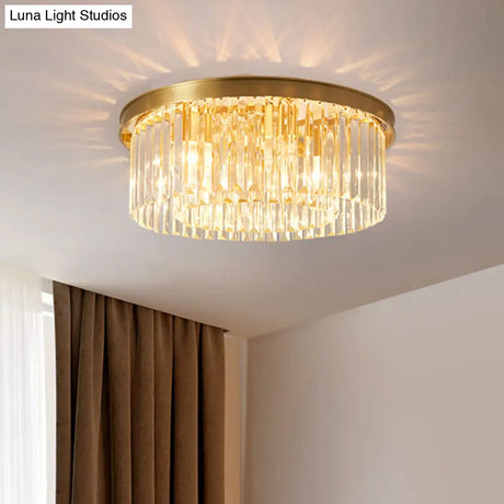 Gold Round Bedroom Flush Mount Lamp 4/5 Clear Crystal Prisms 16’/19.5’ Wide
