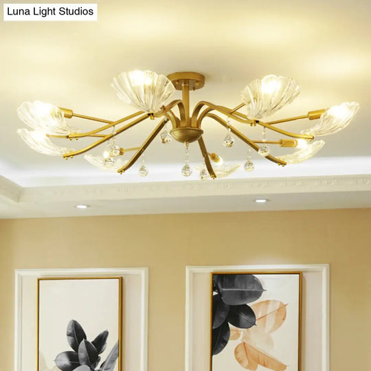 Gold Scalloped Shell Semi Flush Mount Crystal Chandelier - Countryside Parlor Ceiling Light